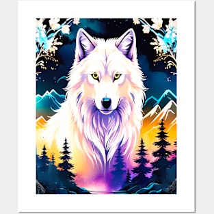 A White Wolf with Mountains, Floral Elements, Forests, Trees Posters and Art